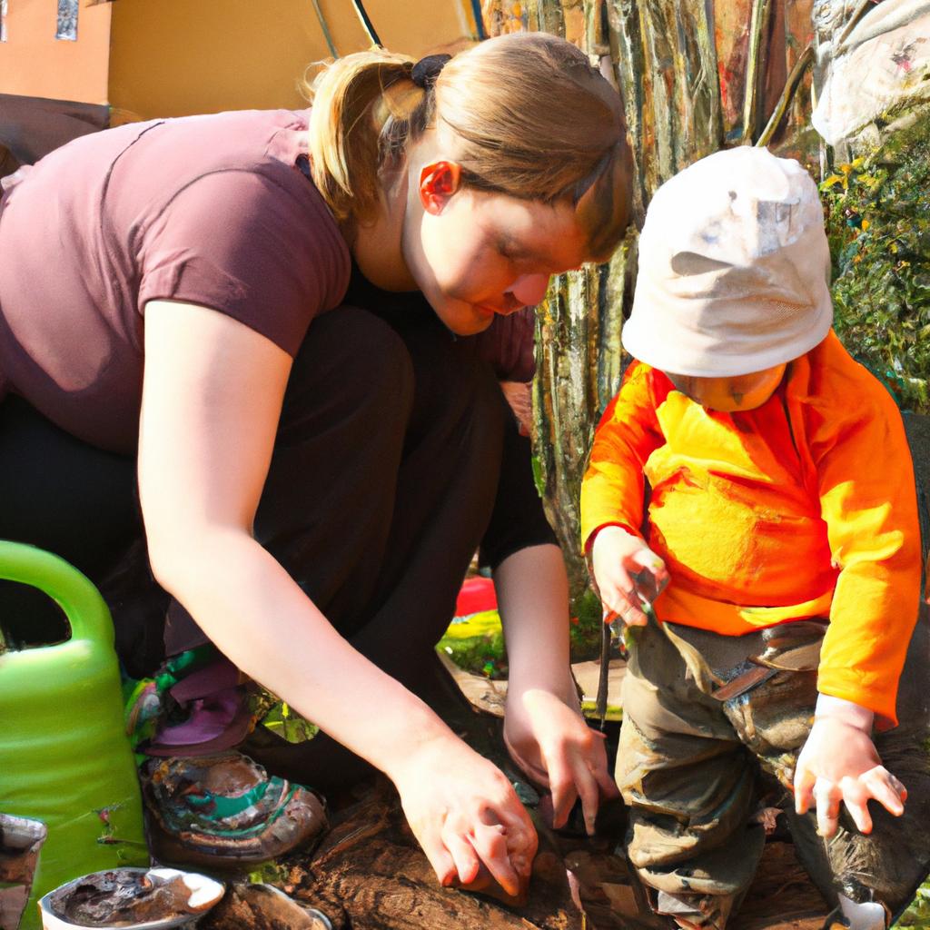 Person gardening with children outdoors