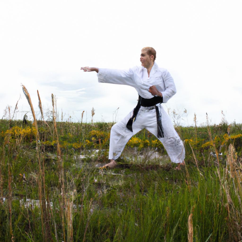 Person practicing martial arts outdoors